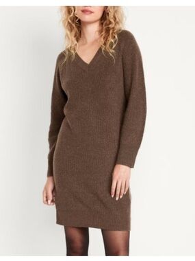 Old Navy Brown Ribbed V-Neck Long Sleeve Sweater Dress